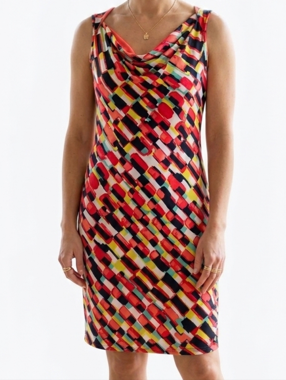 Vibrant Multicolor Brushstroke Cowl Neck Sleeveless Sheath Silky Dress Women 12